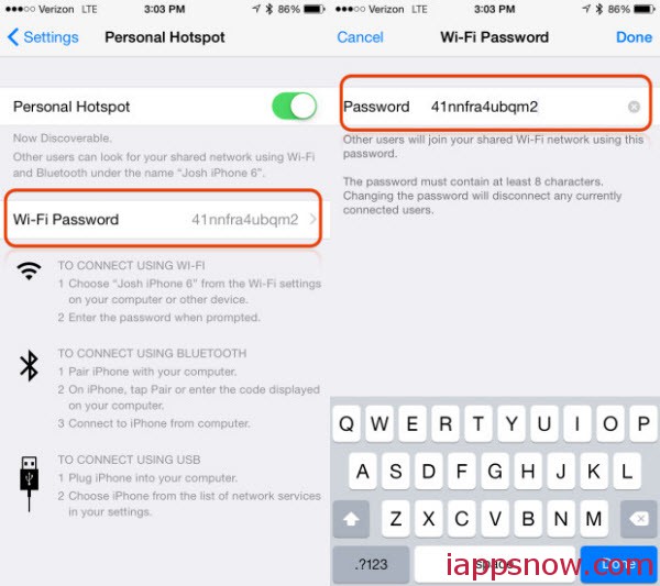 Change the iOS 8 hotspot password