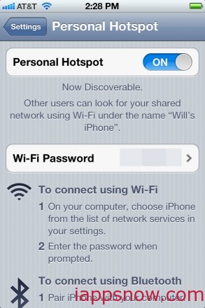Personal Hotspot page